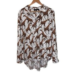 Jane + Delancey White Tan Giraffe Print Novelty Rayon Button Down Top Size XL